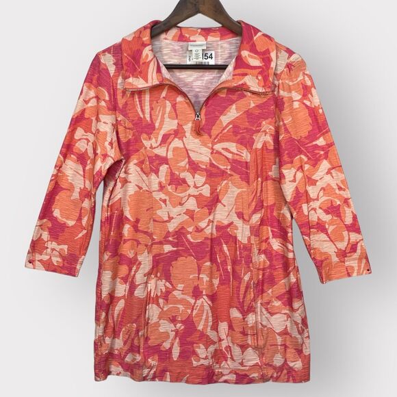 Chico's Weekends 1/4 Zip‎ Top Women Size S/4 (0) Pink Floral 3/4 Sleeve Pockets - Picture 1 of 15